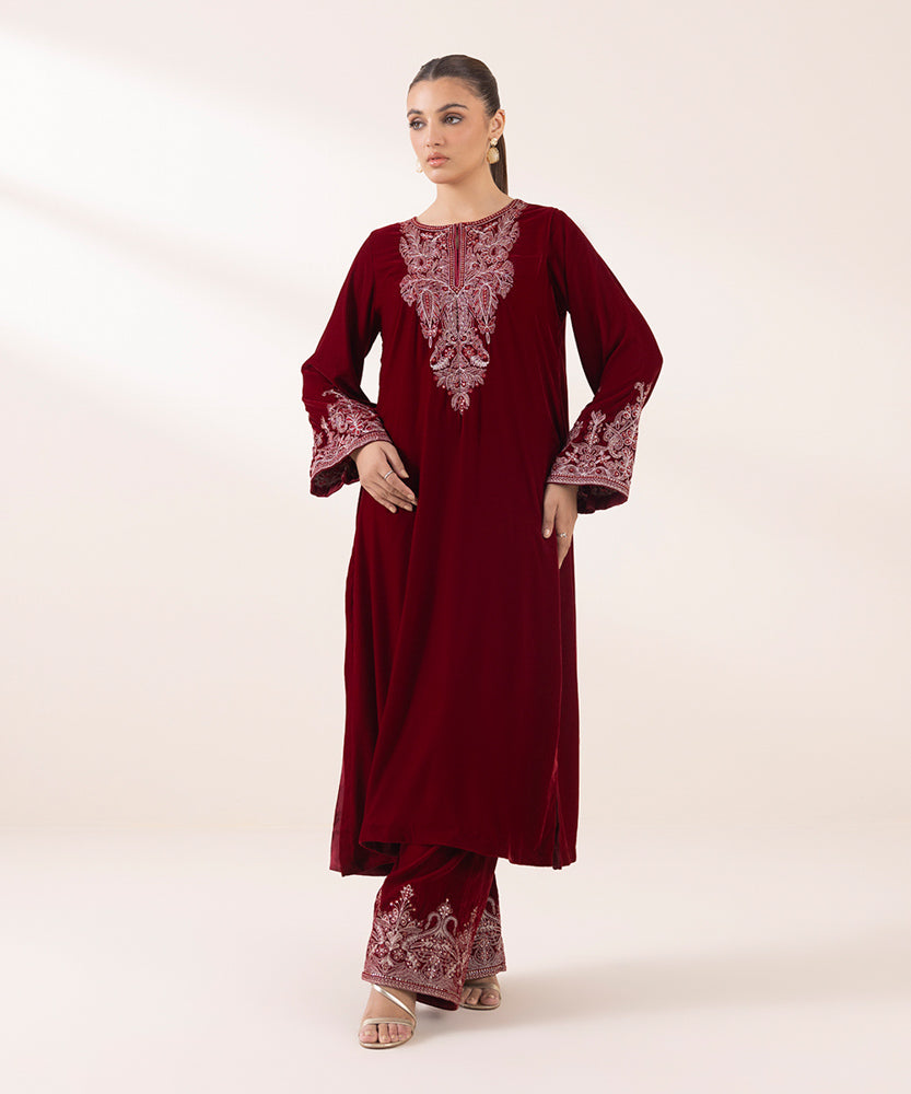 Women's Pret Solid Embroidered Maroon Velvet Two Piece Suit