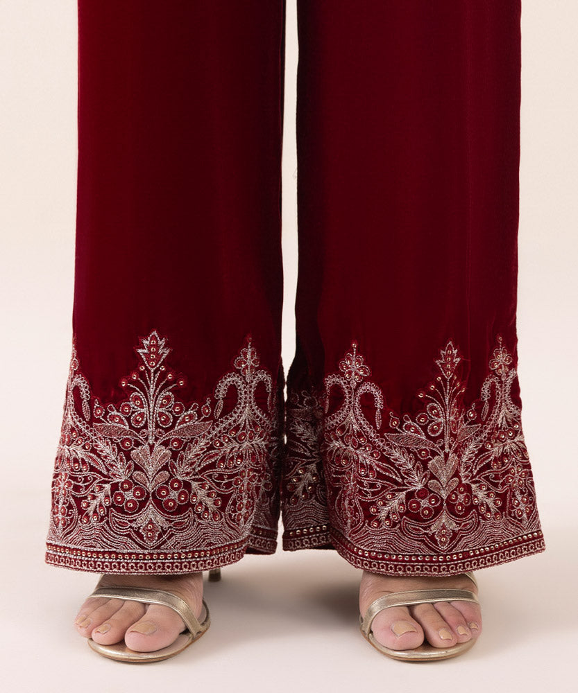 Women's Pret Solid Embroidered Maroon Velvet Two Piece Suit