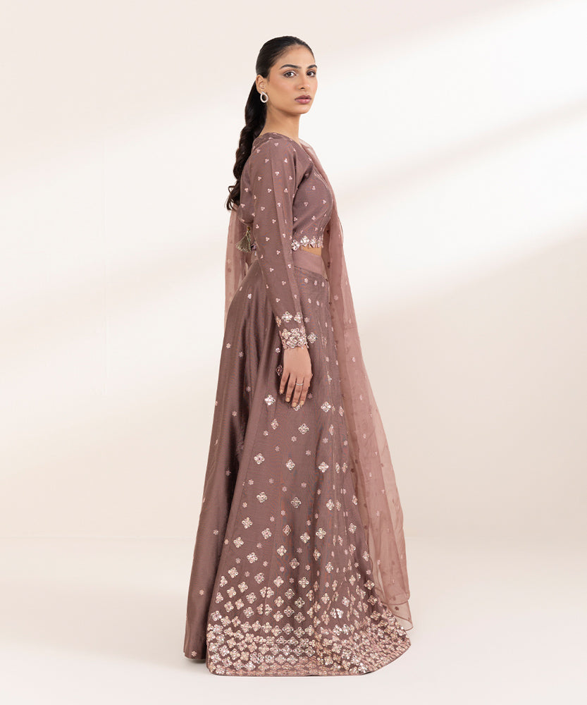 Women's Pret Solid Embroidered Light Taupe Brown Silk Cotton Net Lehnga Choli 