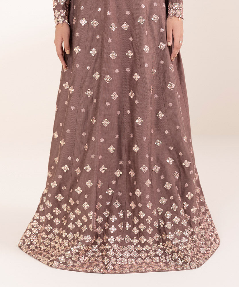 Women's Pret Solid Embroidered Light Taupe Brown Silk Cotton Net Lehnga Choli 