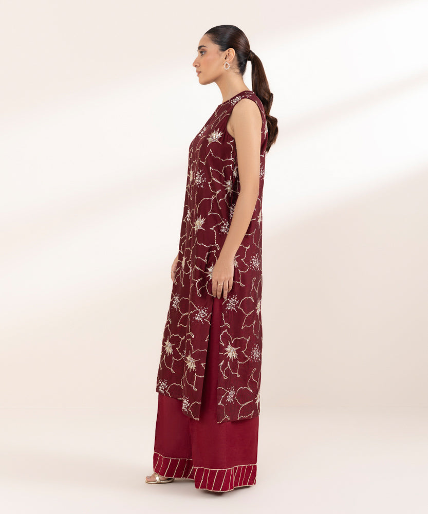 Women's Pret Solid Embroidered Maroon Silk Cotton Net Two Piece Suit