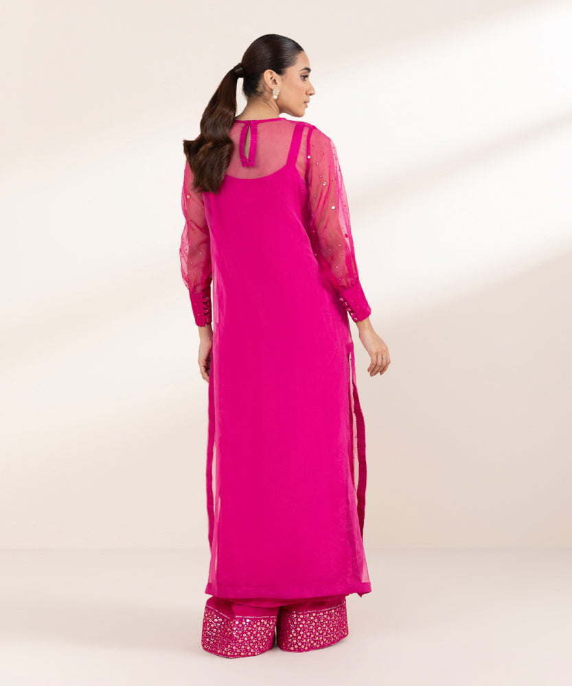 Women's Pret Solid Embroidered Hot Pink Blended Organza Two Piece Suit