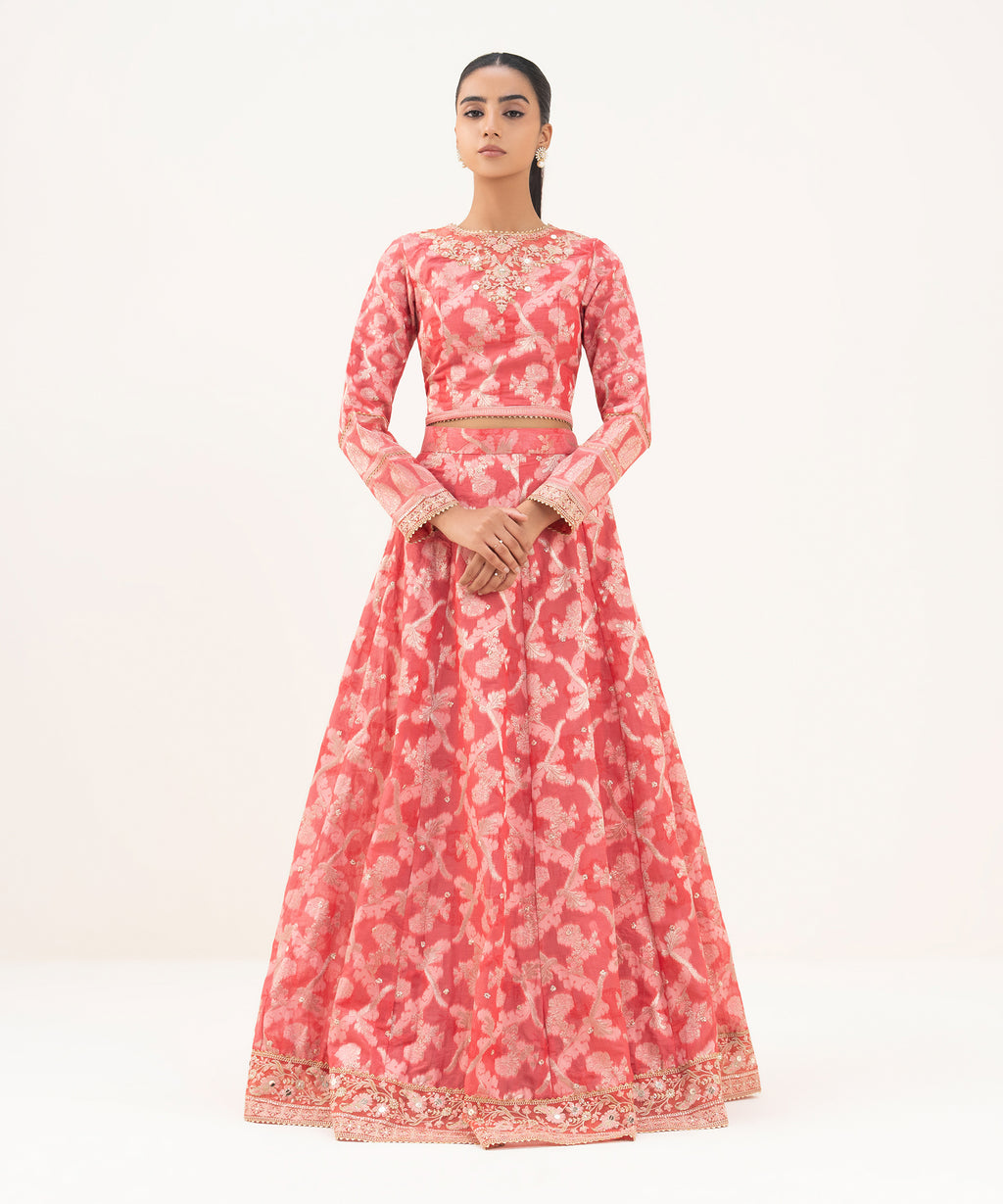Women's RTW Zari Jacquard Pink Embroidered Lehnga Choli