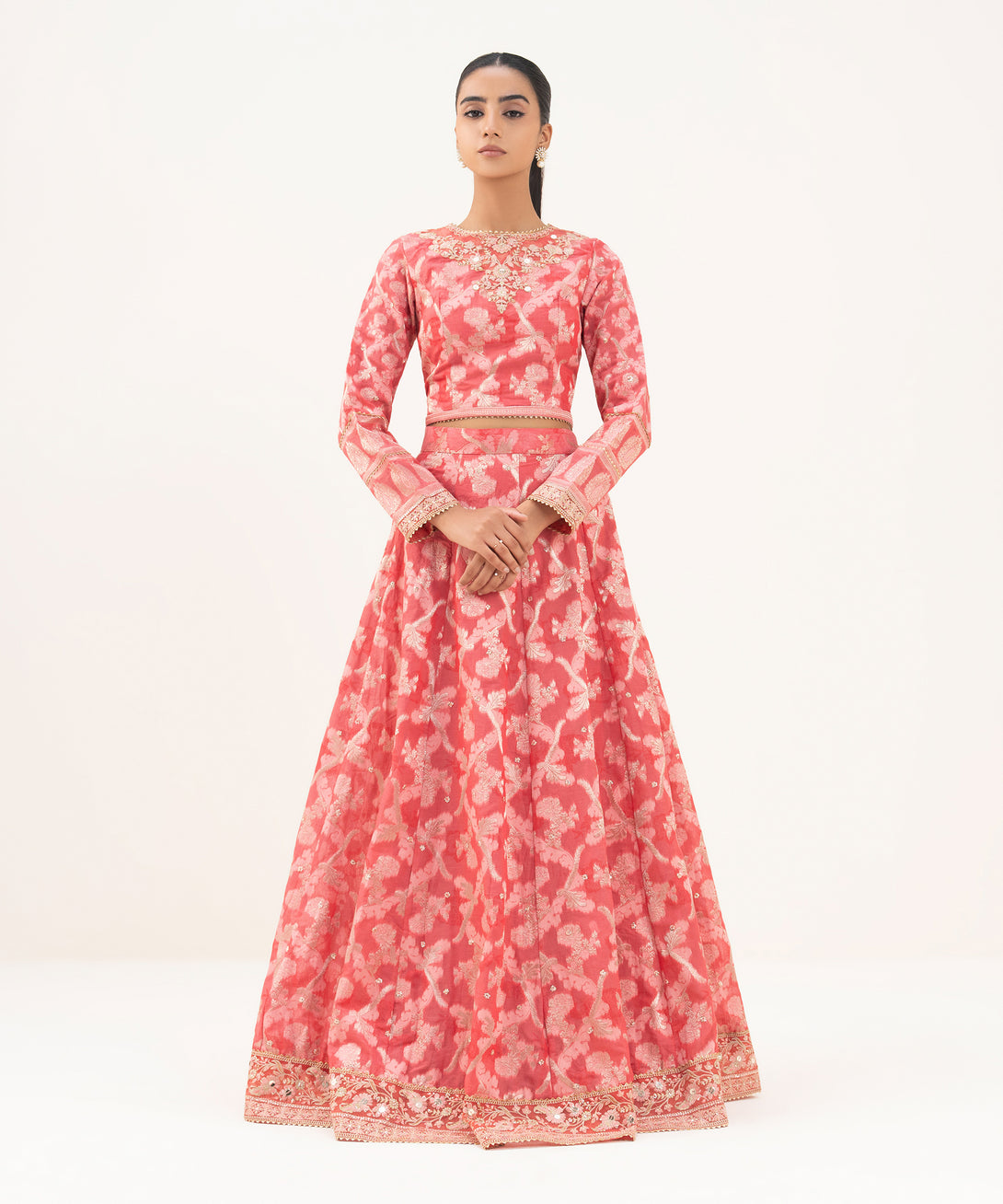 Women's RTW Zari Jacquard Pink Embroidered Lehnga Choli