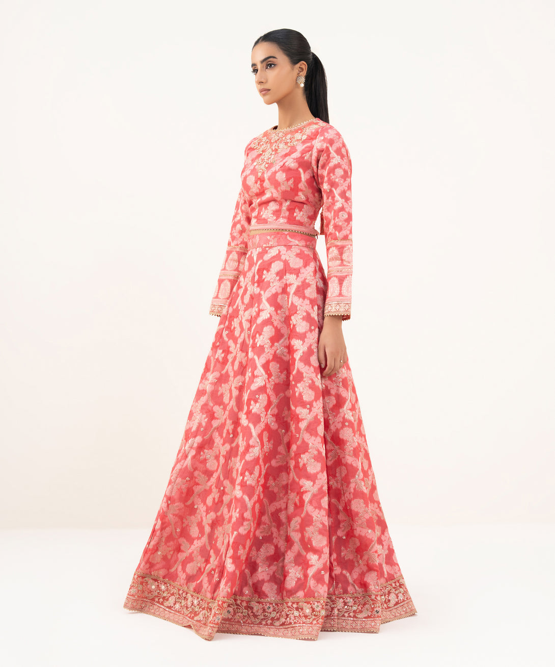 Women's RTW Zari Jacquard Pink Embroidered Lehnga Choli