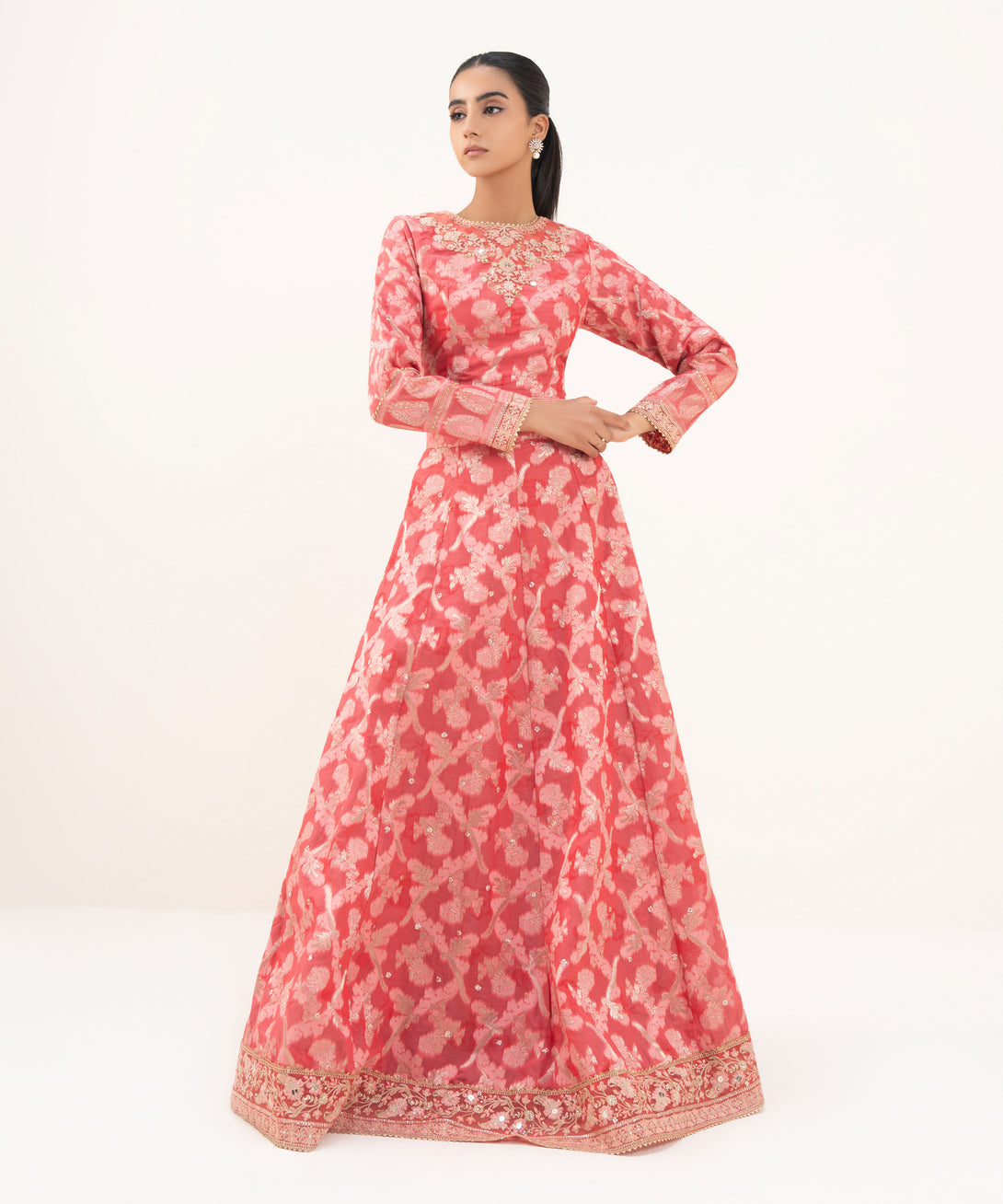 Women's RTW Zari Jacquard Pink Embroidered Lehnga Choli