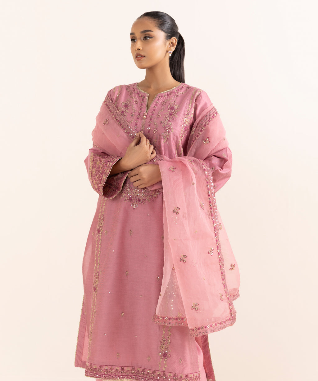 Women's RTW Silk Cotton Net Pink Embroidered 3 Piece Suit