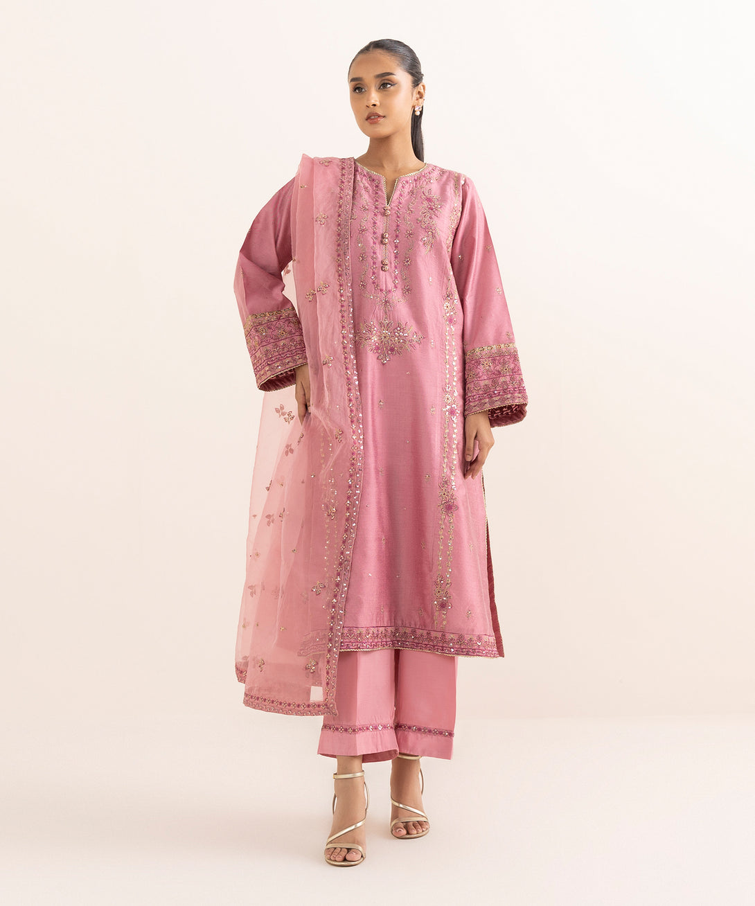 Women's RTW Silk Cotton Net Pink Embroidered 3 Piece Suit