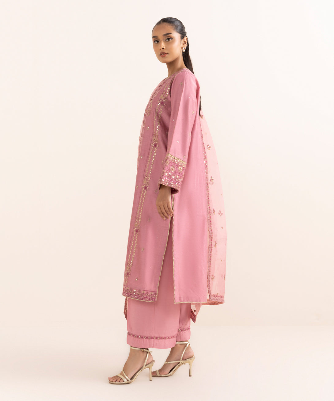 Women's RTW Silk Cotton Net Pink Embroidered 3 Piece Suit