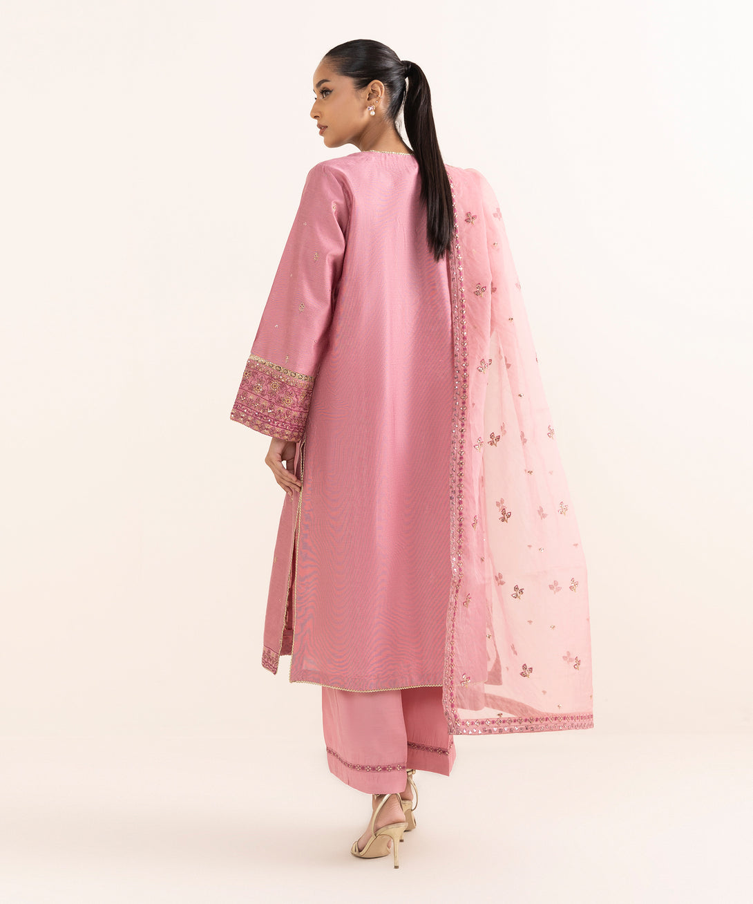Women's RTW Silk Cotton Net Pink Embroidered 3 Piece Suit