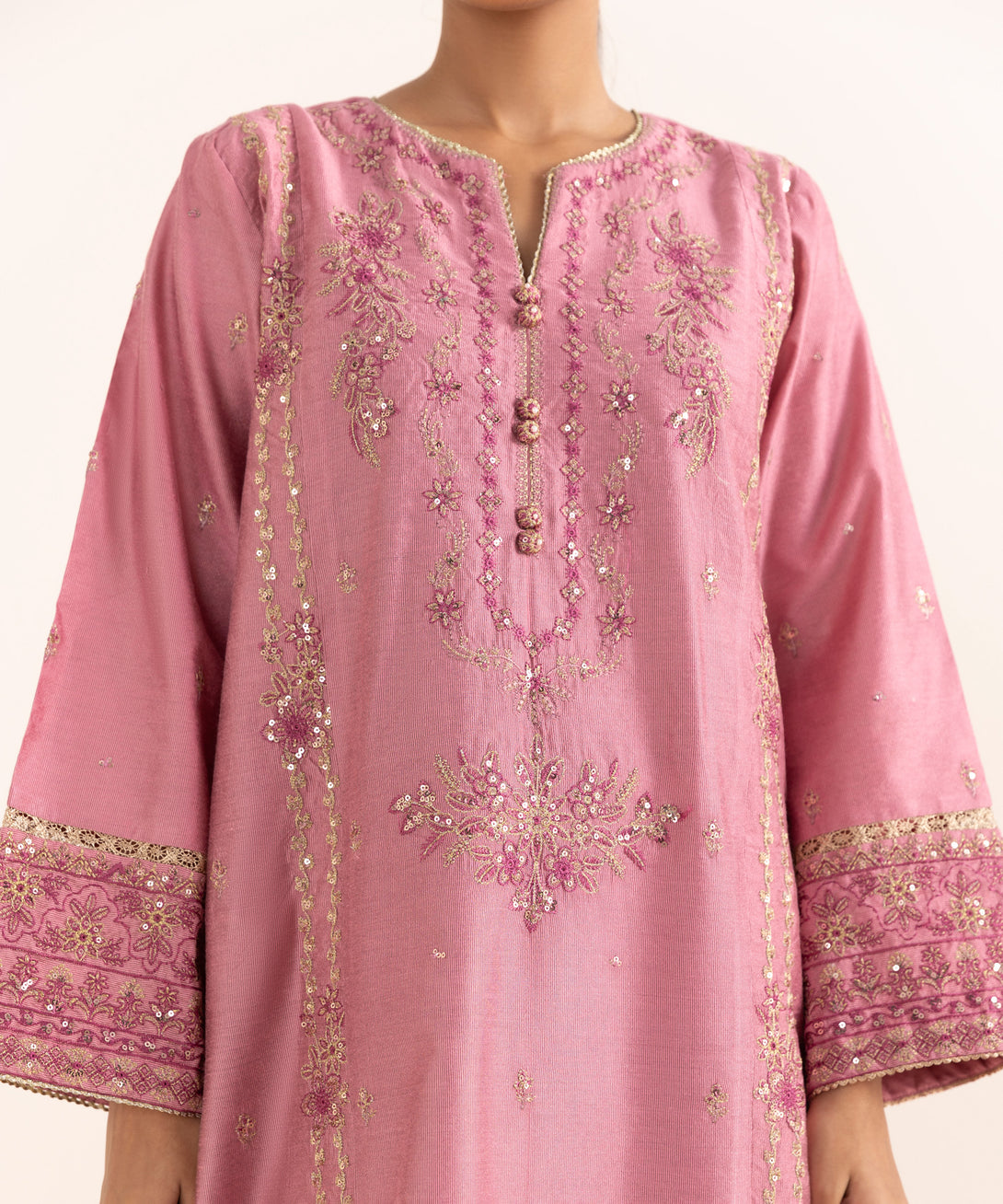 Women's RTW Silk Cotton Net Pink Embroidered 3 Piece Suit