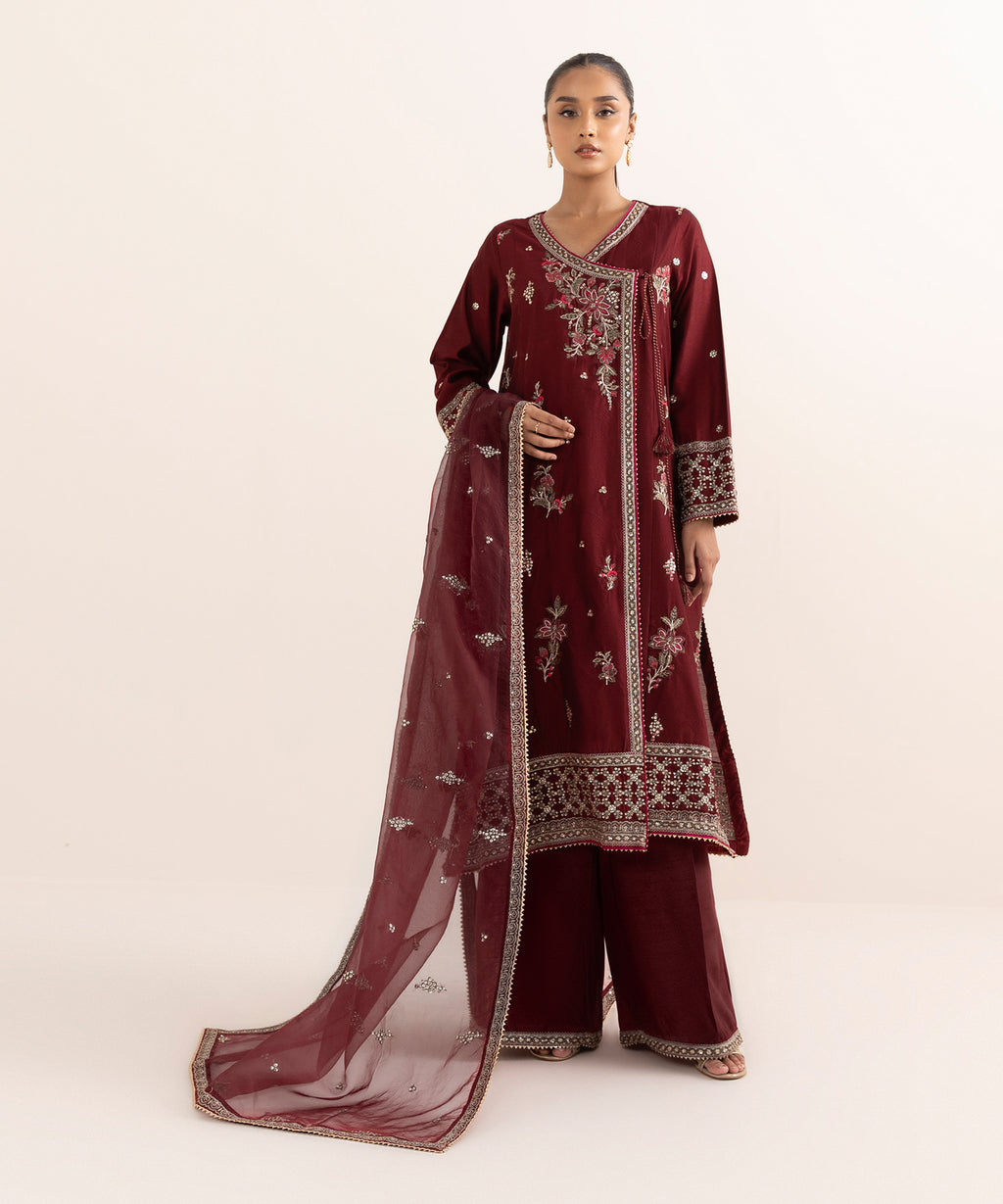 Women's RTW Silk Cotton Net Red Embroidered 3 Piece Suit