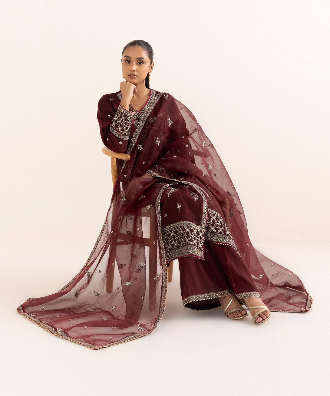 Women's RTW Silk Cotton Net Red Embroidered 3 Piece Suit