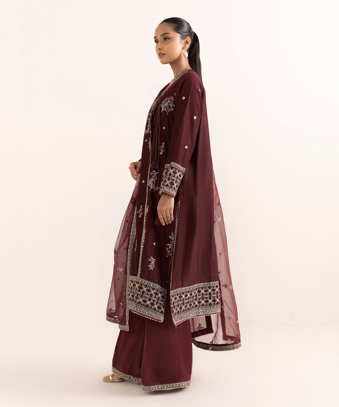 Women's RTW Silk Cotton Net Red Embroidered 3 Piece Suit