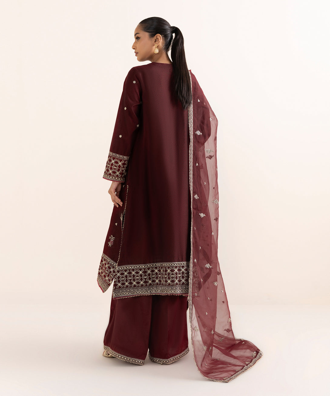 Women's RTW Silk Cotton Net Red Embroidered 3 Piece Suit