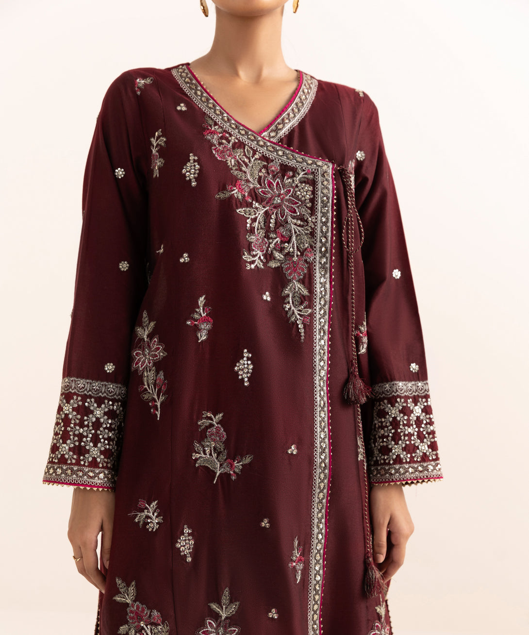 Women's RTW Silk Cotton Net Red Embroidered 3 Piece Suit