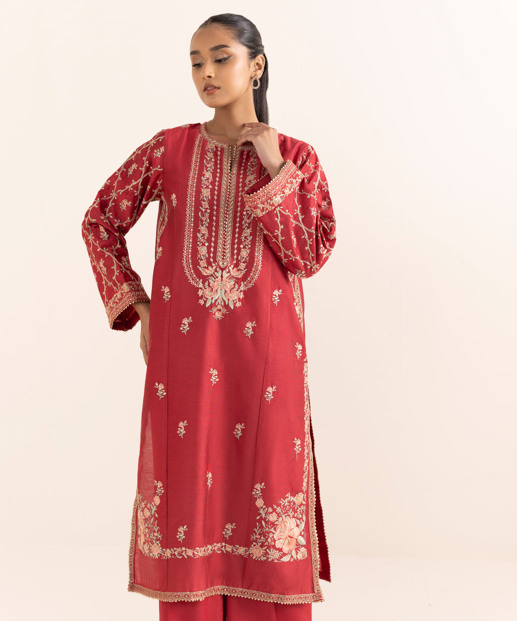 Women's RTW Silk Cotton Net Red Embroidered  2 Piece Suit