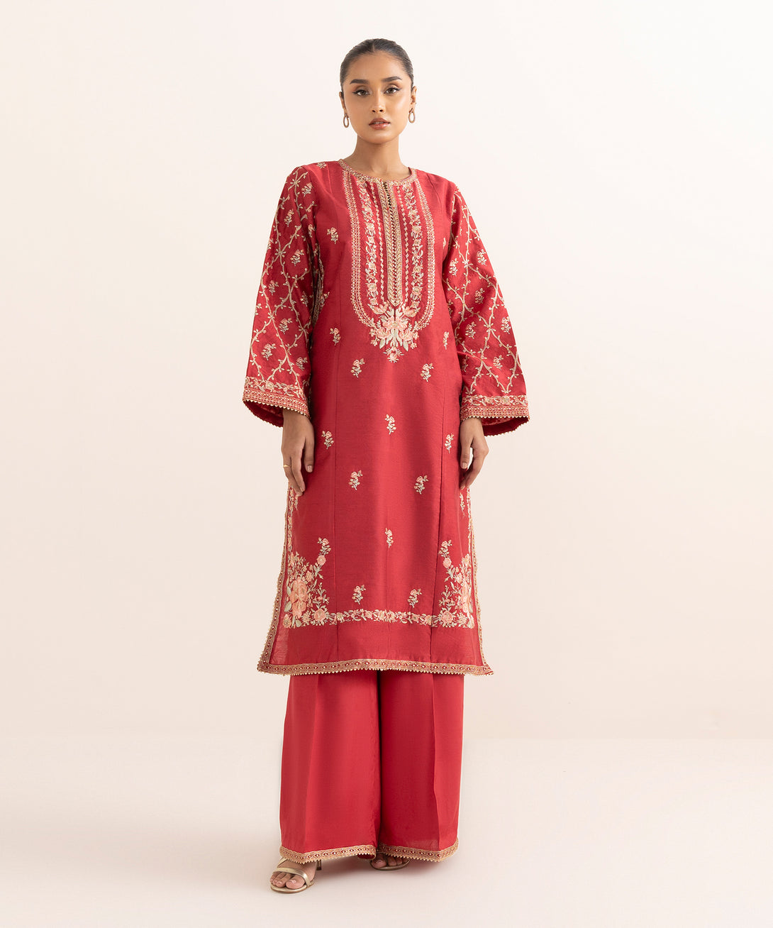Women's RTW Silk Cotton Net Red Embroidered  2 Piece Suit