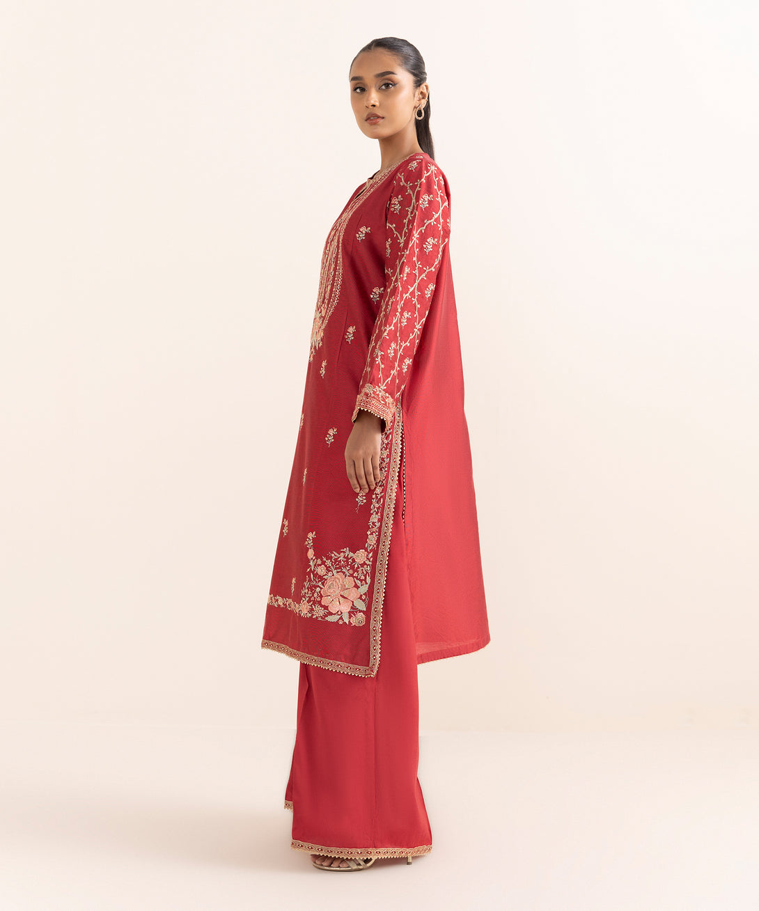 Women's RTW Silk Cotton Net Red Embroidered  2 Piece Suit