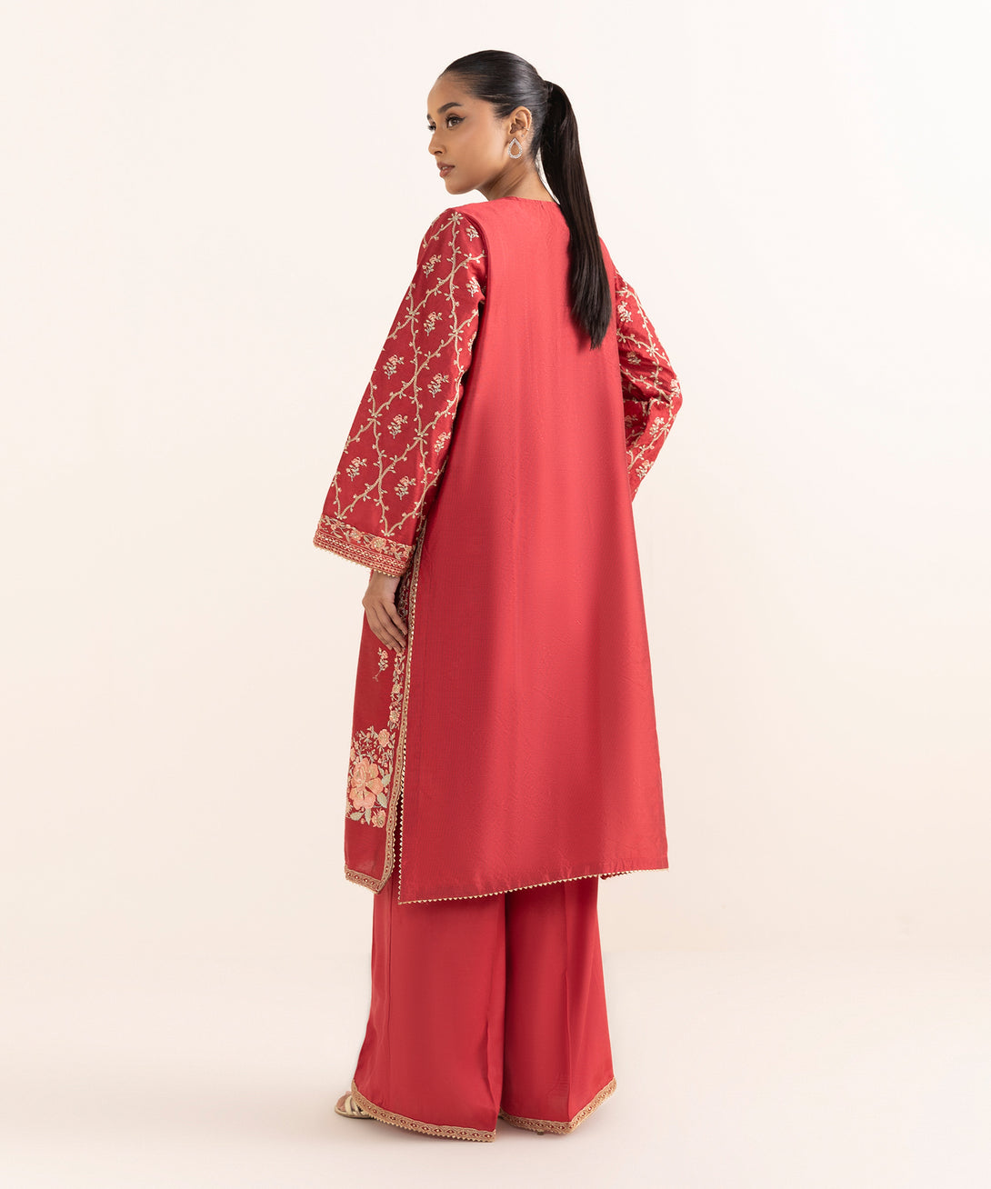 Women's RTW Silk Cotton Net Red Embroidered  2 Piece Suit