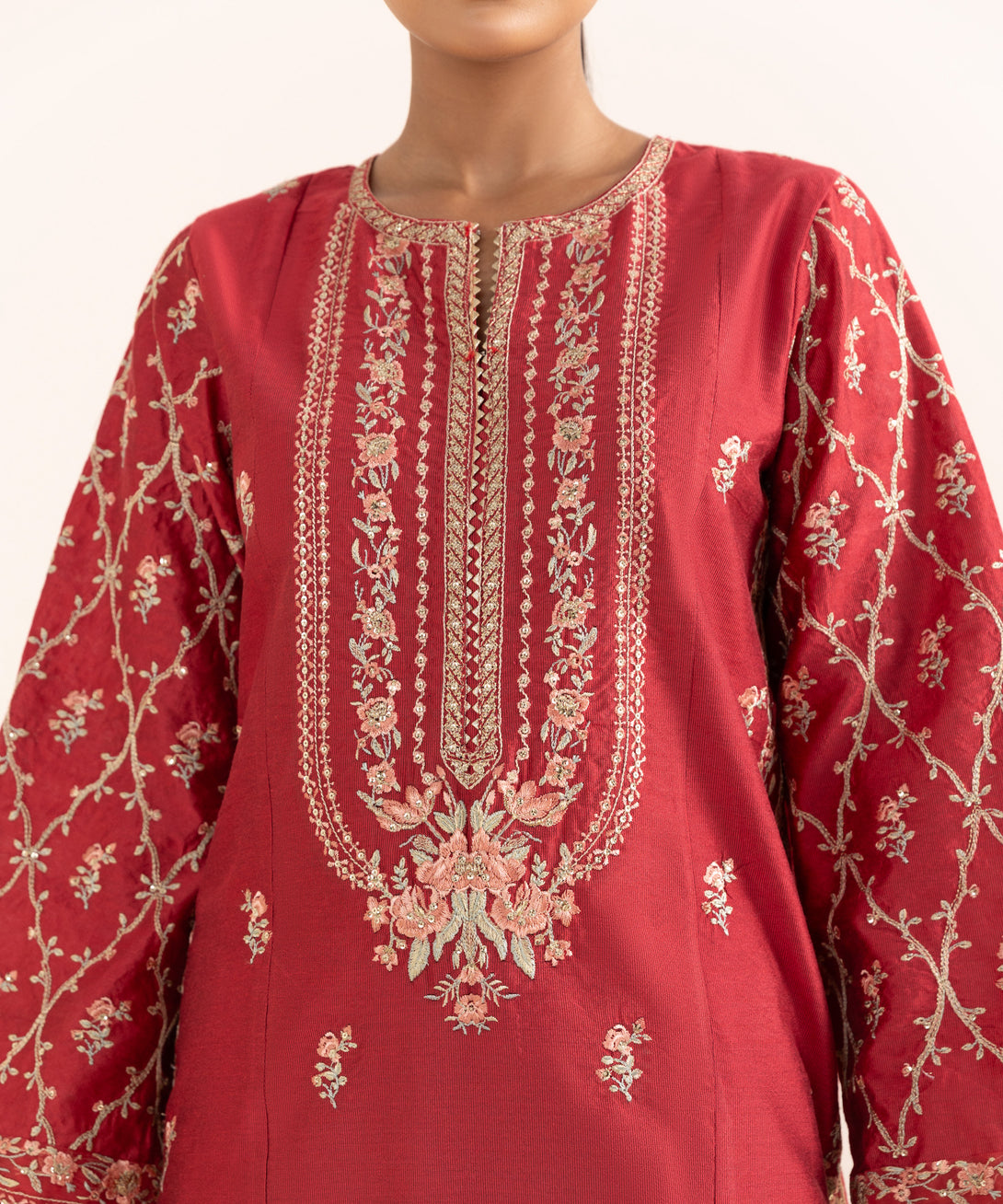 Women's RTW Silk Cotton Net Red Embroidered  2 Piece Suit