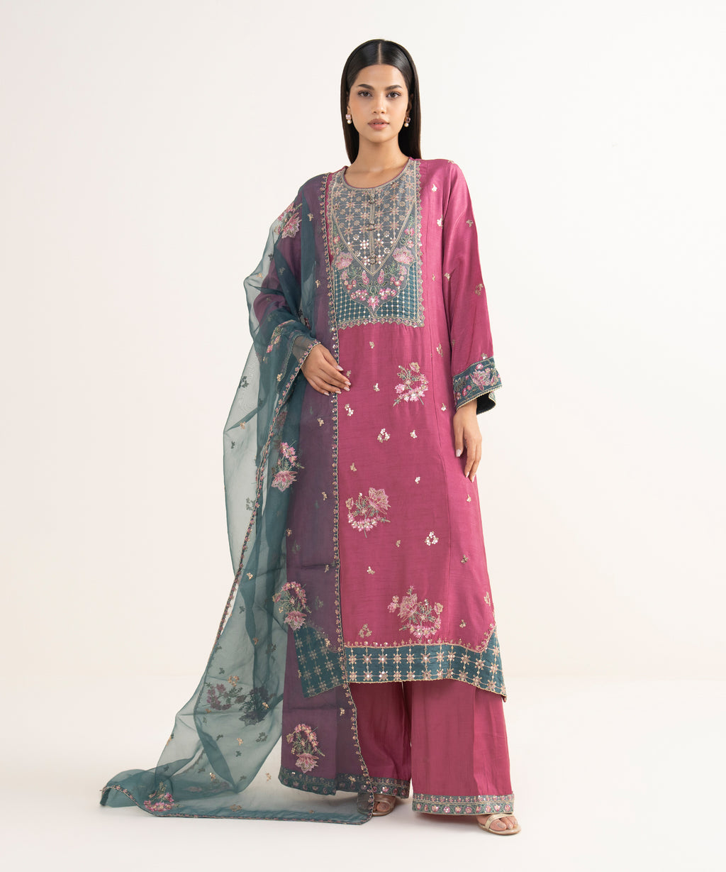 Blended Organza Green Embroidered Dupatta