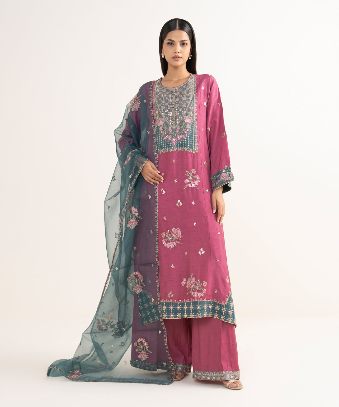 Blended Organza Green Embroidered Dupatta