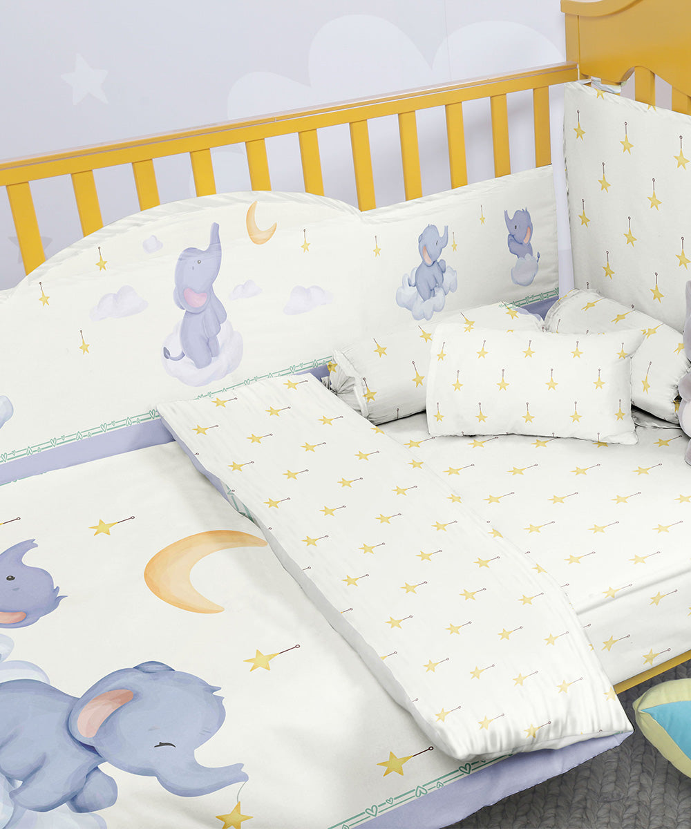 Off White 100% Cotton Digital Printed Baby Cot Sets