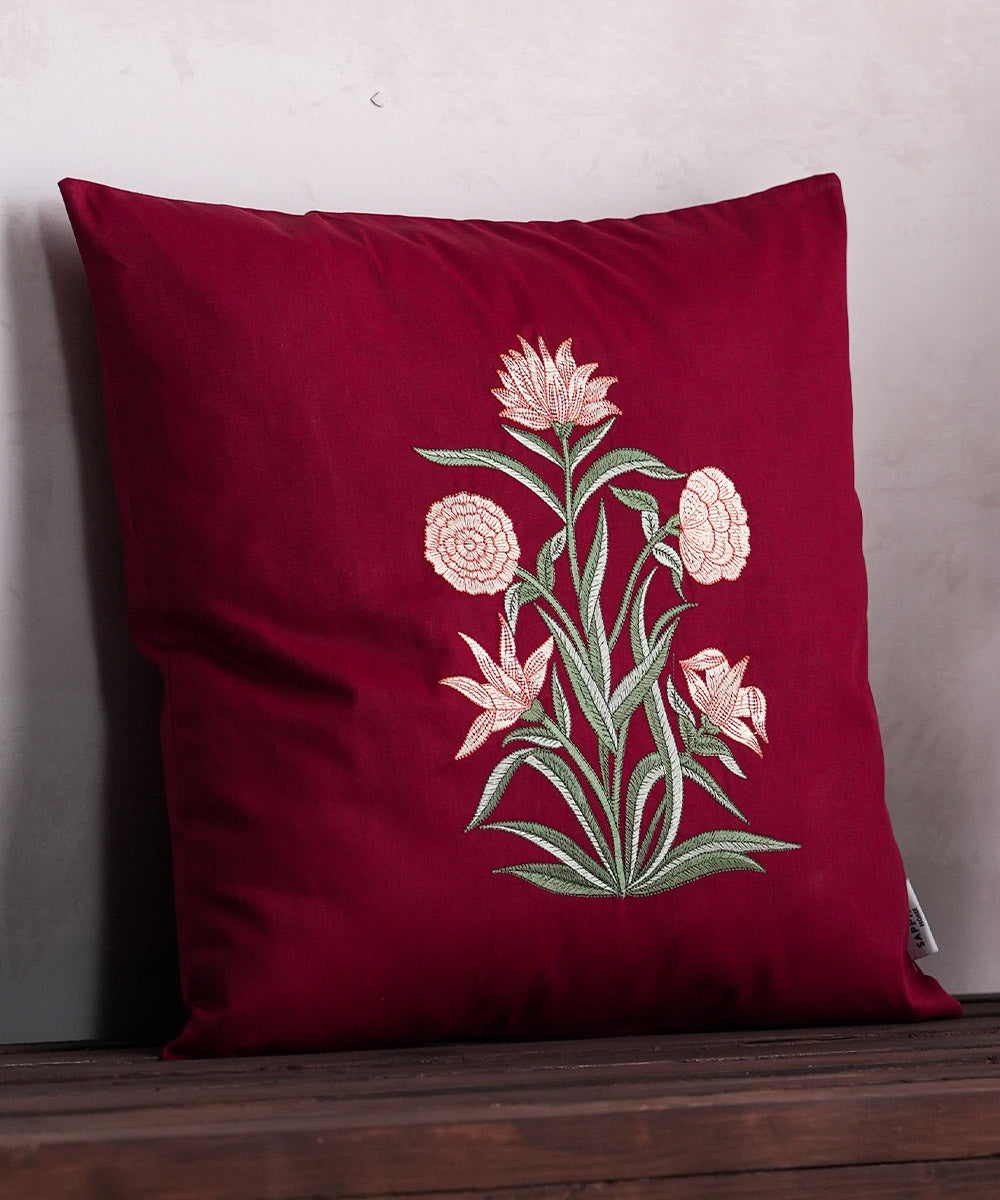 Red Twill/100% Cotton Embroidered Cushion Cover