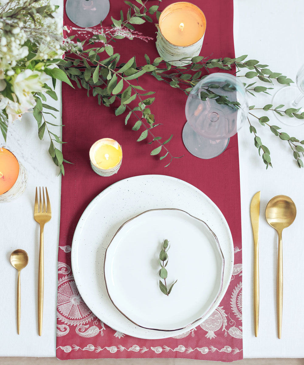 Half Panama Embroidered Red Table Runner