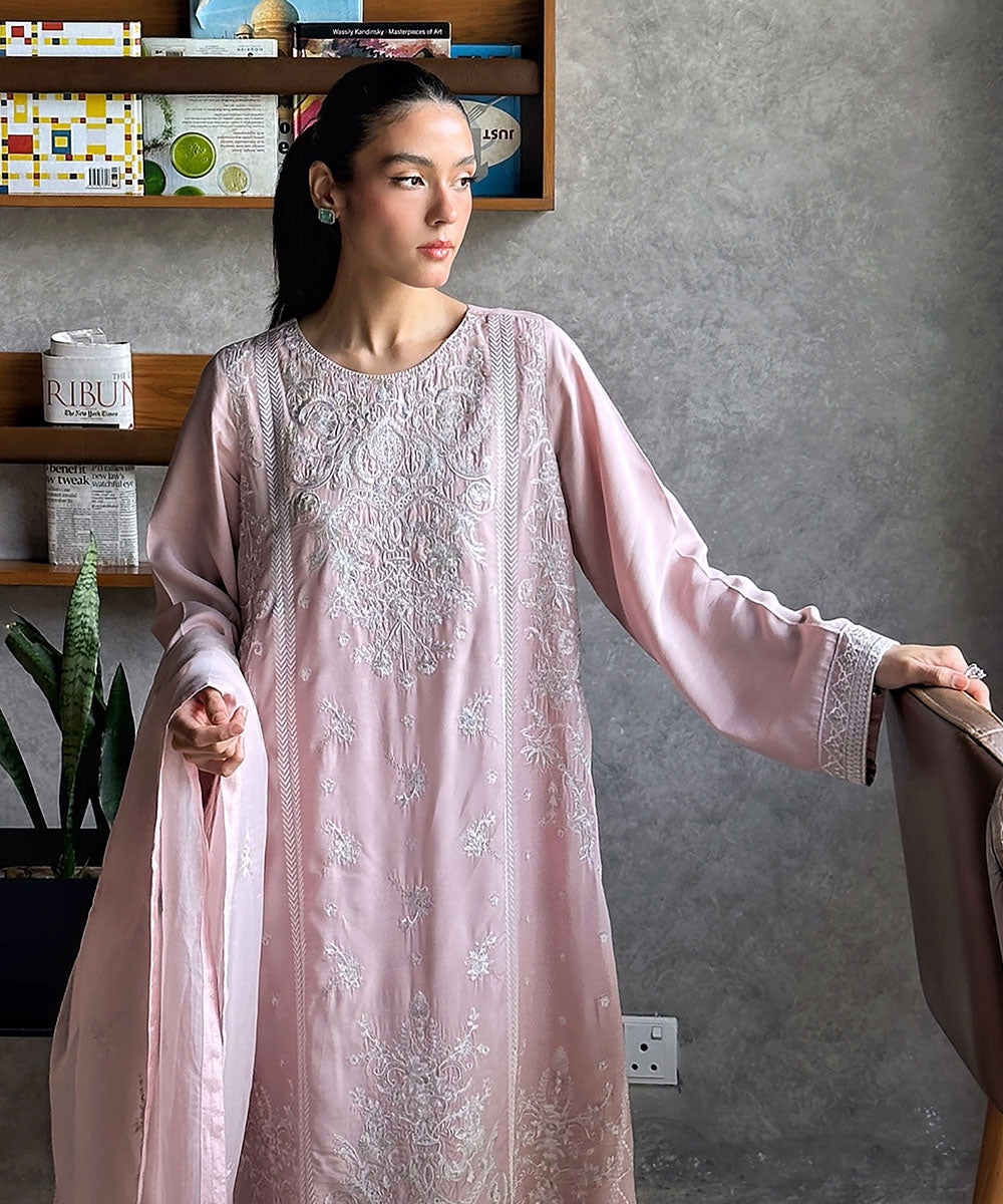 Women's Pret Viscose Raw Silk Pink Embroidered 3 Piece Suit