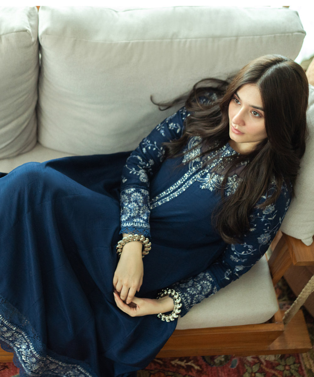 Women's Pret Raw Silk Blue Embroidered Three Piece Suit