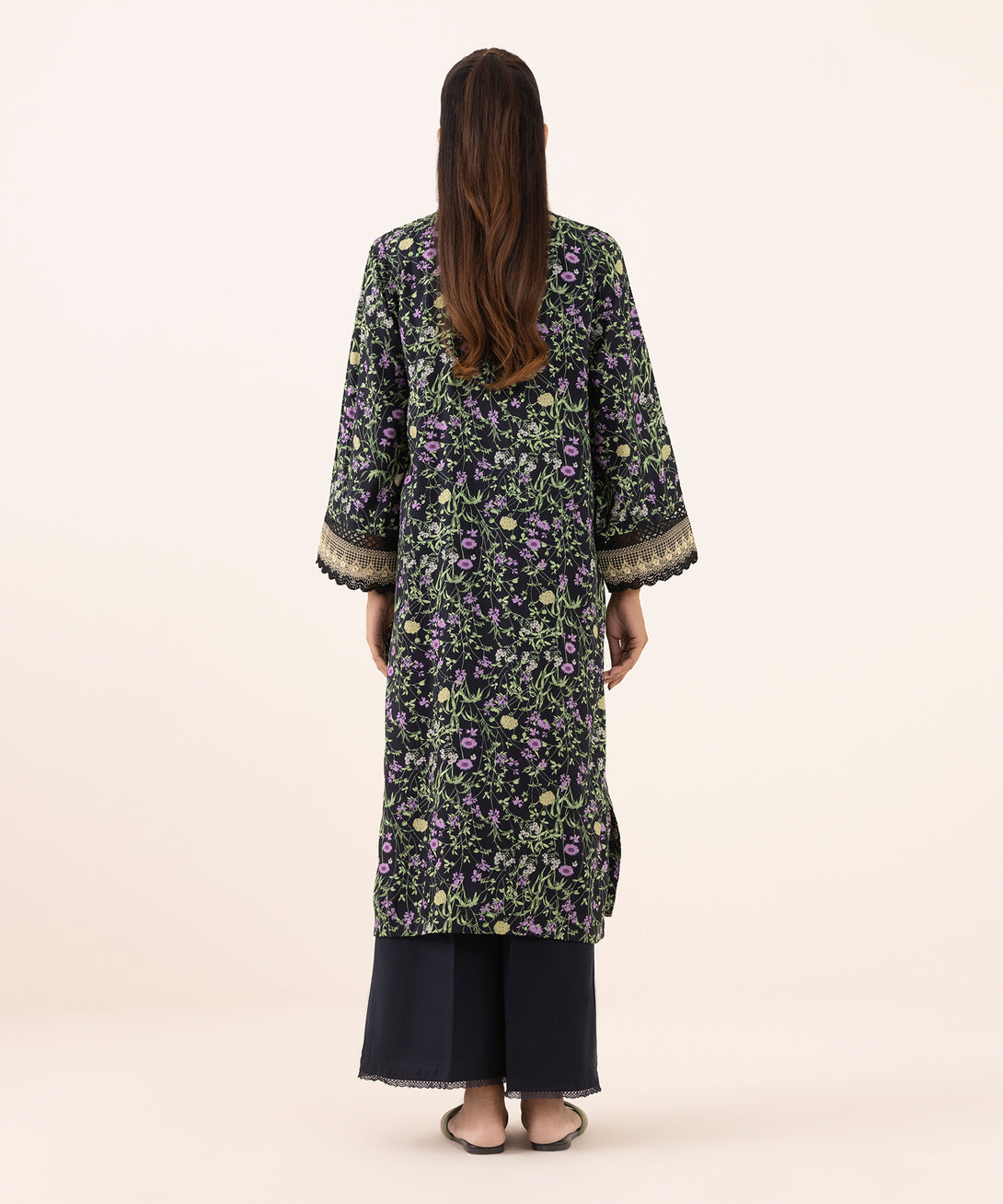 Women's RTW Arabic Lawn Black Embroidered A-Line Shirt
