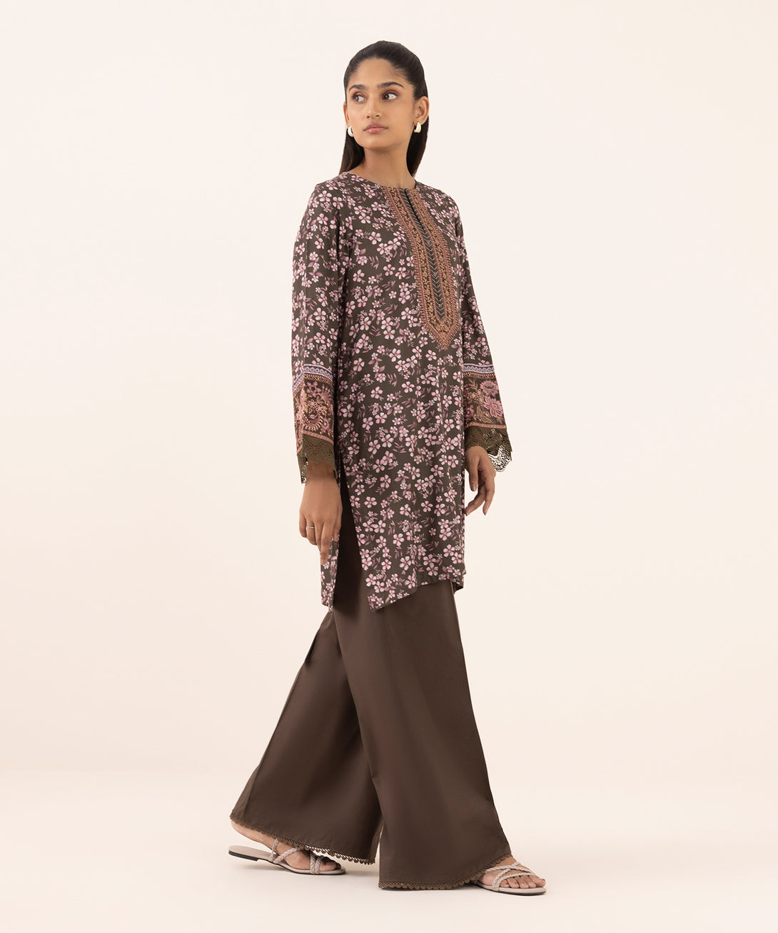 Women's RTW Arabic Lawn Brown Embroidered A-Line Shirt