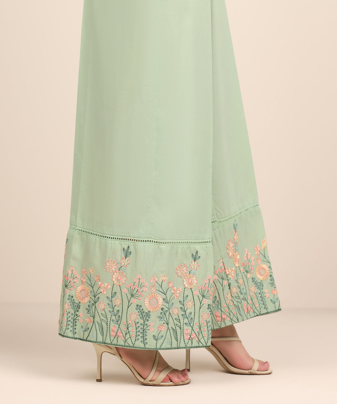 Women's RTW Cambric Green Embroidered Flared Pants