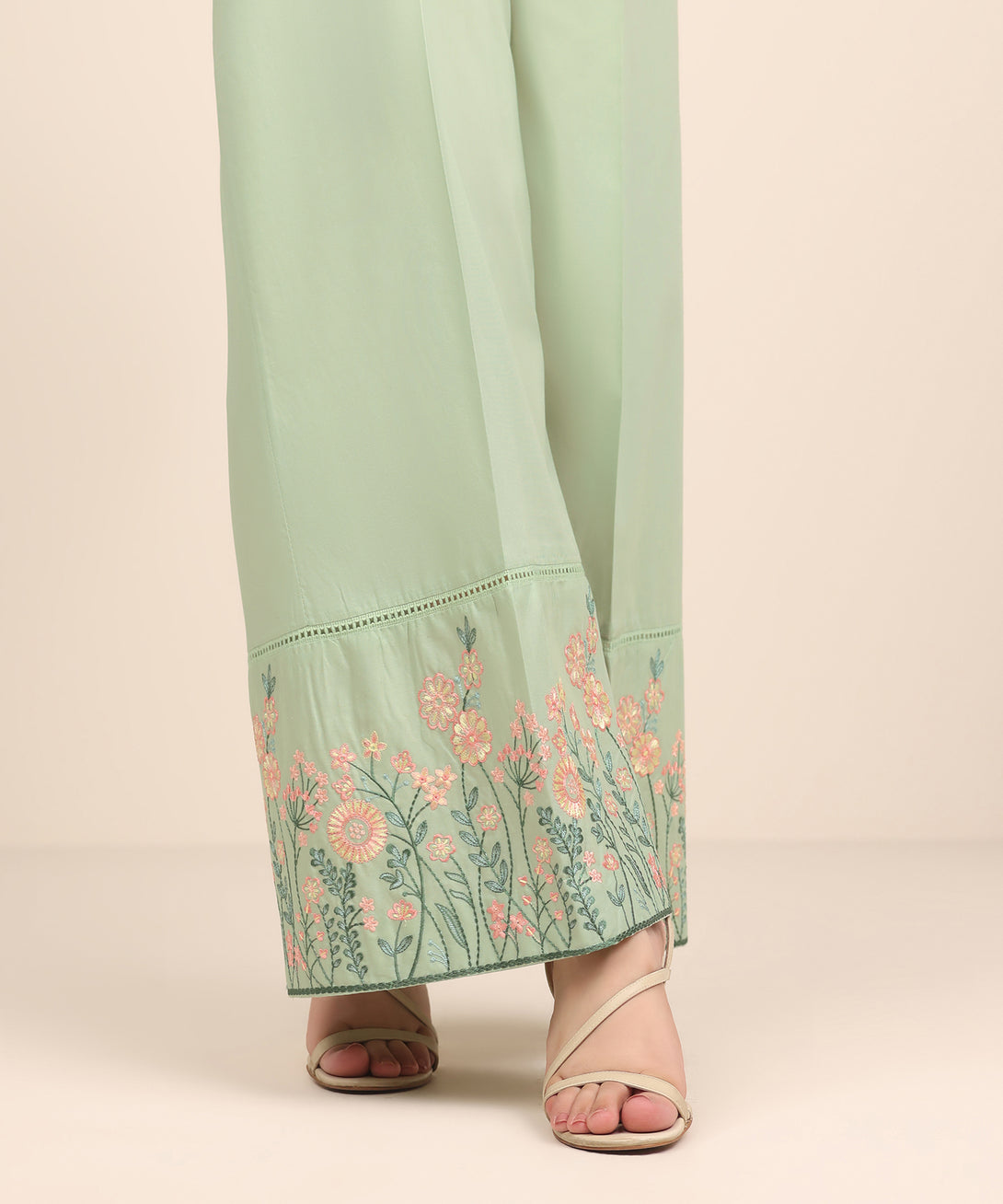 Women's RTW Cambric Green Embroidered Flared Pants