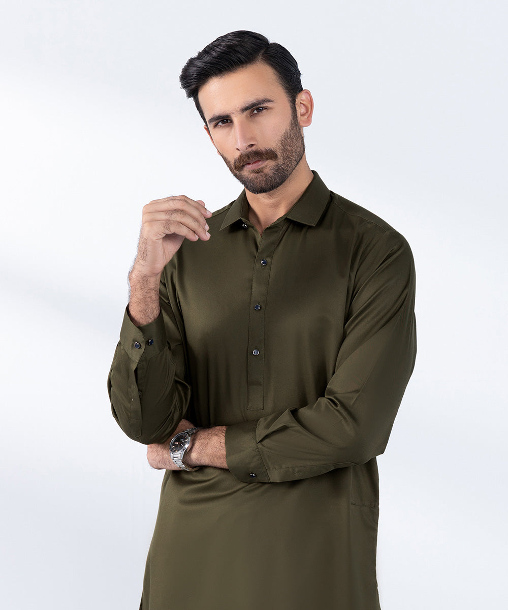 Men's Stitched Olive Premium Cotton Kurta Shalwar