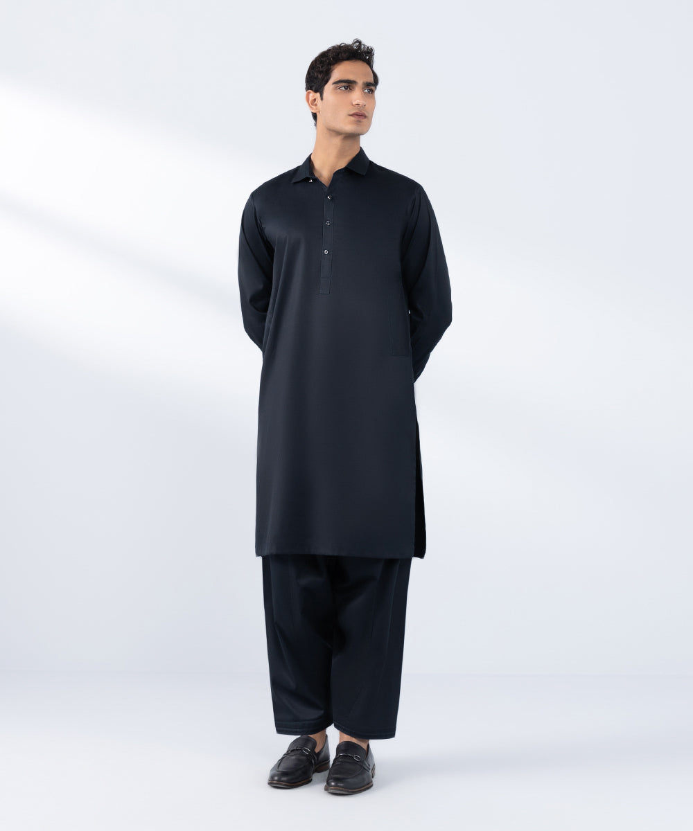 Men's Stitched Navy Blue Premium Cotton Kurta Shalwar