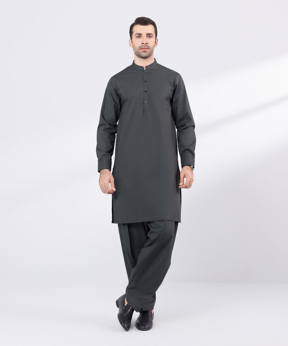 Men's Stitched Grey Cotton Jacquard Suit