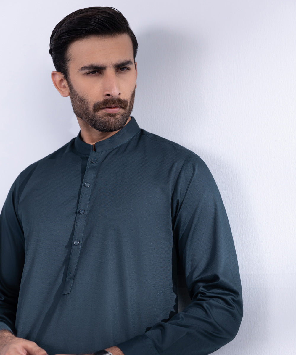 Men's Stitched Navy Cotton Dobby Kurta Shalwar