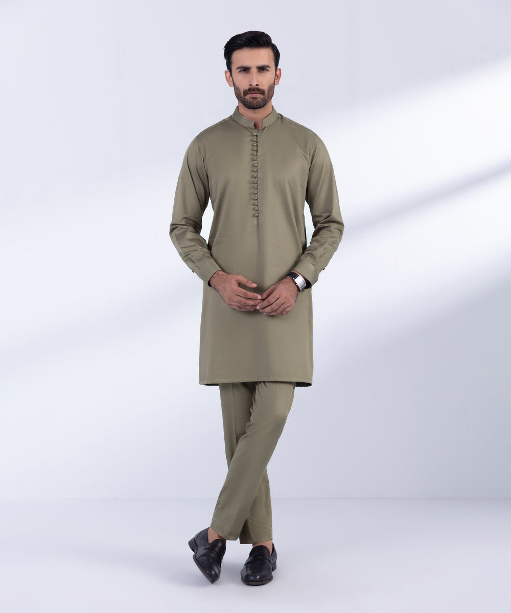 Men's Stitched Light Khaki Cotton Dobby Kurta Trousers