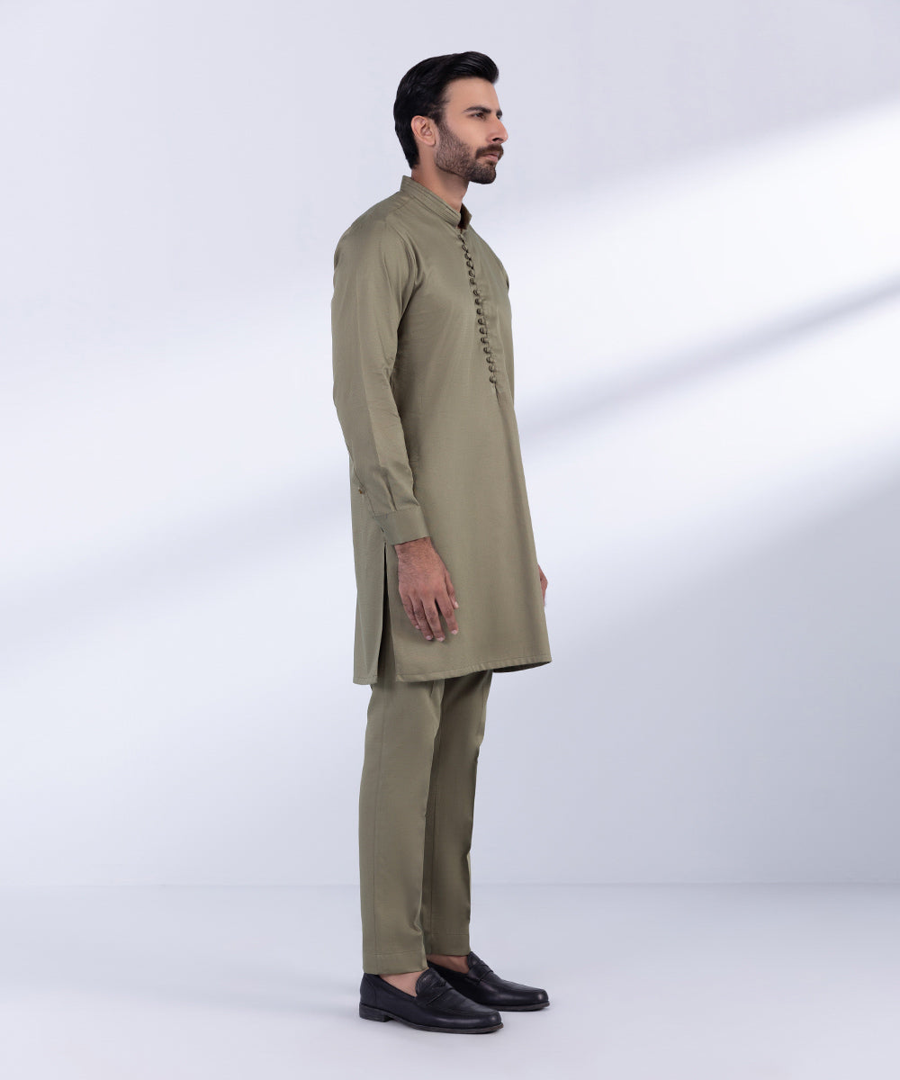 Men's Stitched Light Khaki Cotton Dobby Kurta Trousers