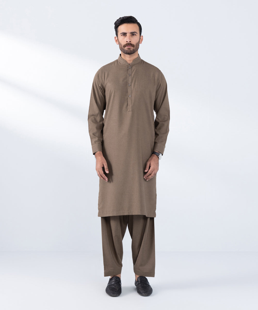 Men's Stitched Camel Brown Luxury Wool Kurta Shalwar