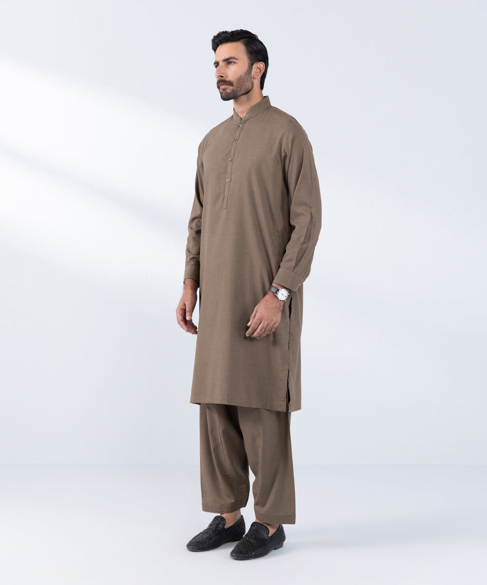 Men's Stitched Camel Brown Luxury Wool Kurta Shalwar