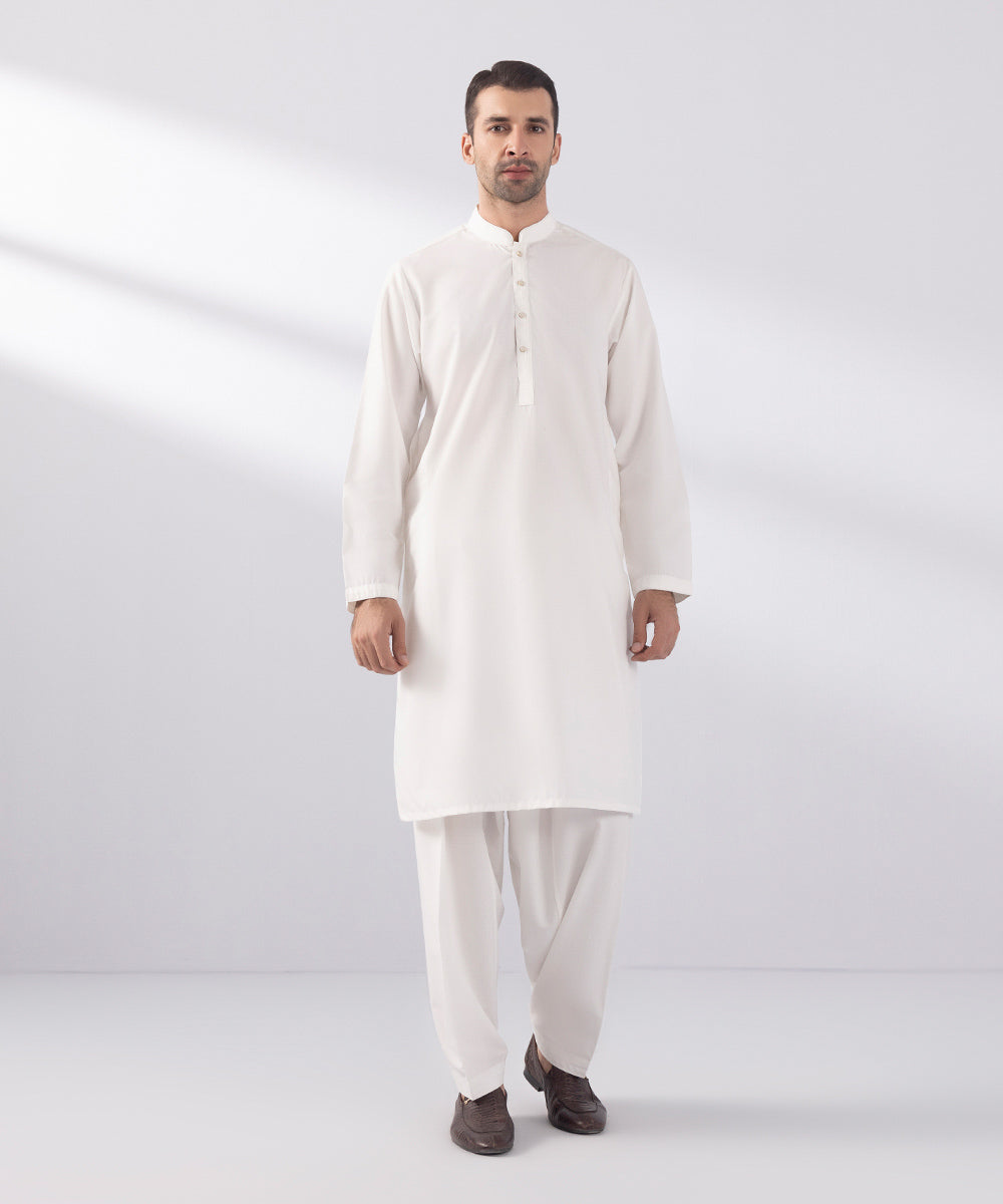 Men's Stitched Wash & Wear White Straight Hem Kurta Shalwar