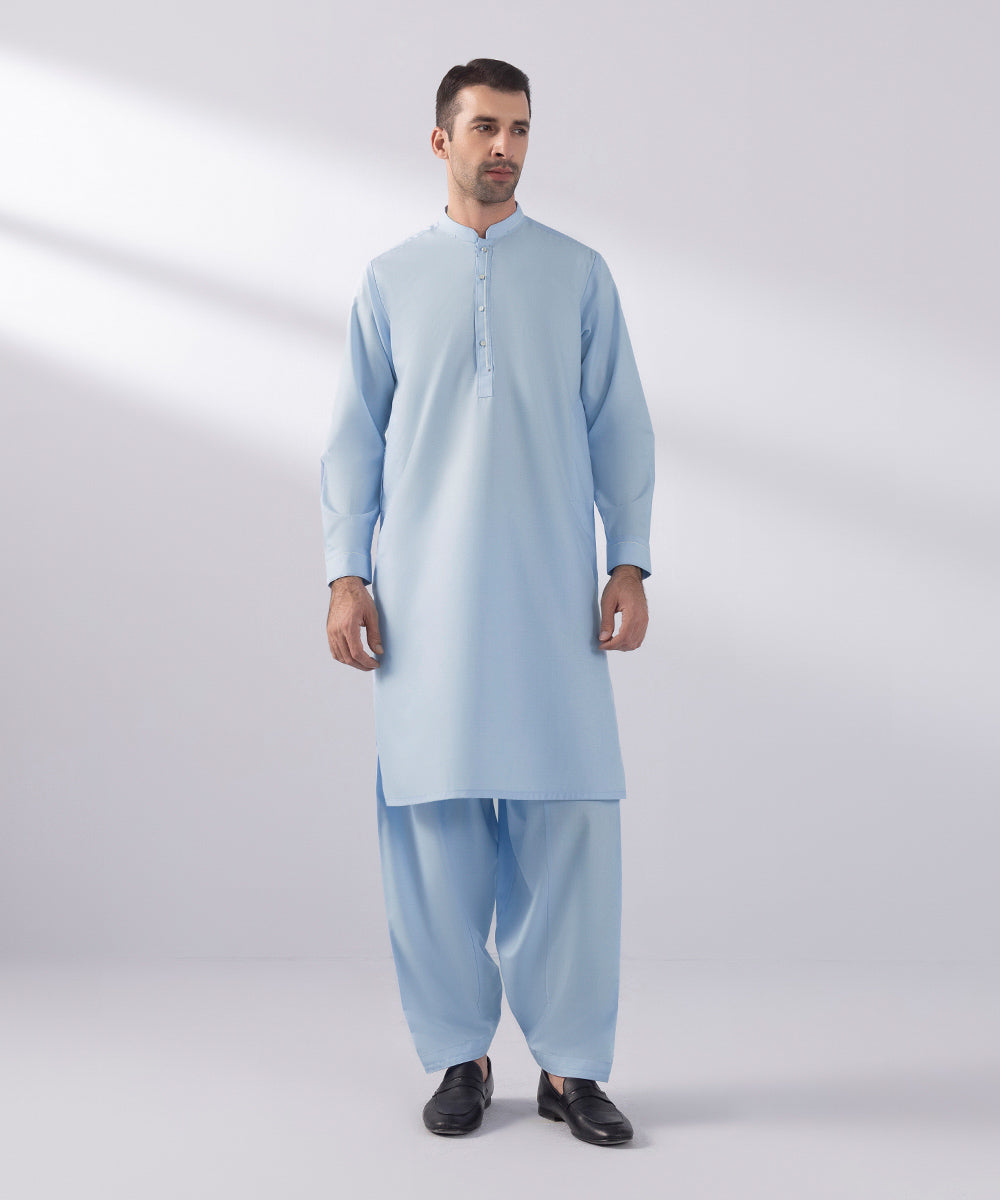 Men's Stitched Wash & Wear Sky Blue Straight Hem Kurta Shalwar