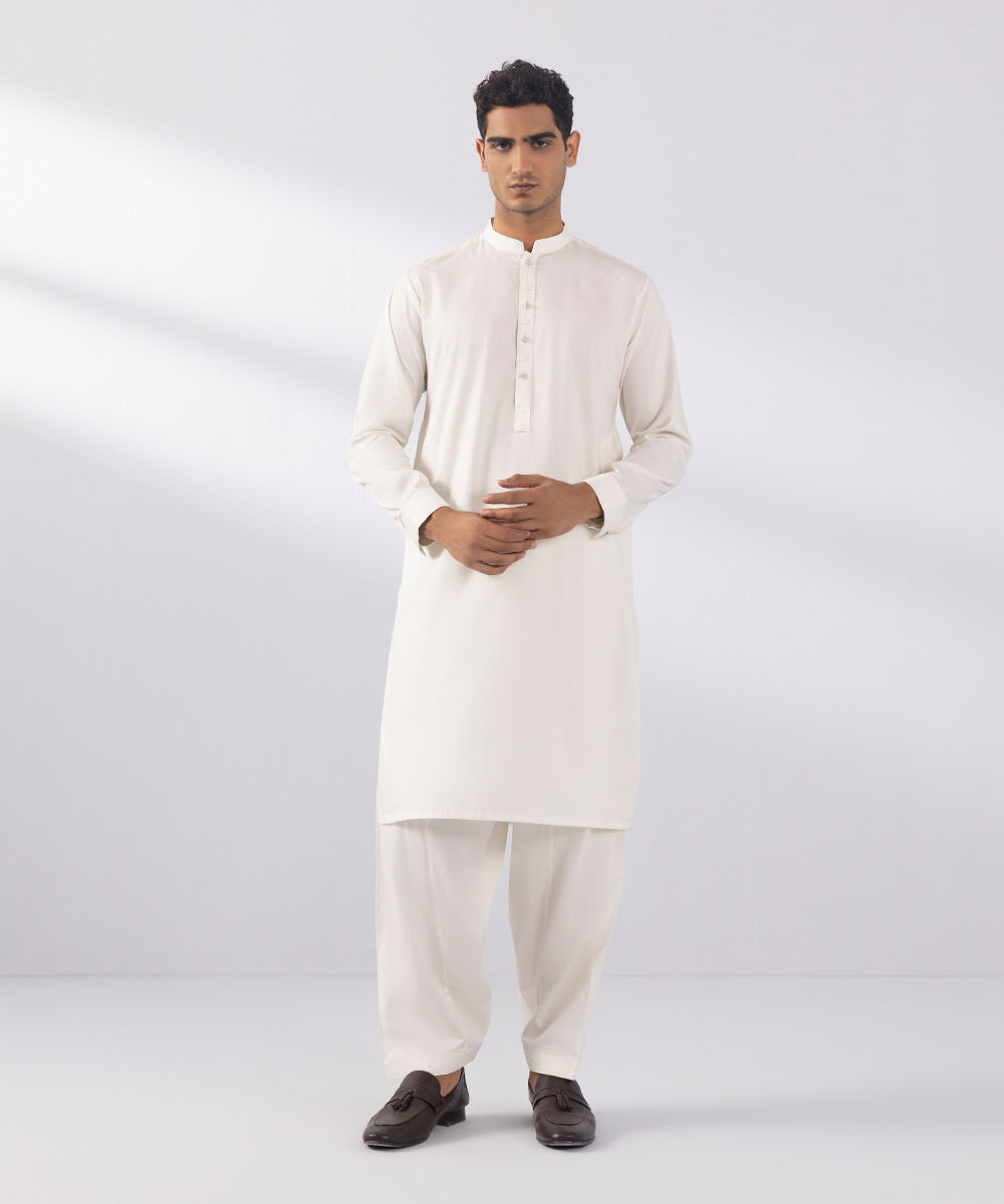 Men's Stitched Cotton Dobby Off White Straight Hem Kurta Shalwar