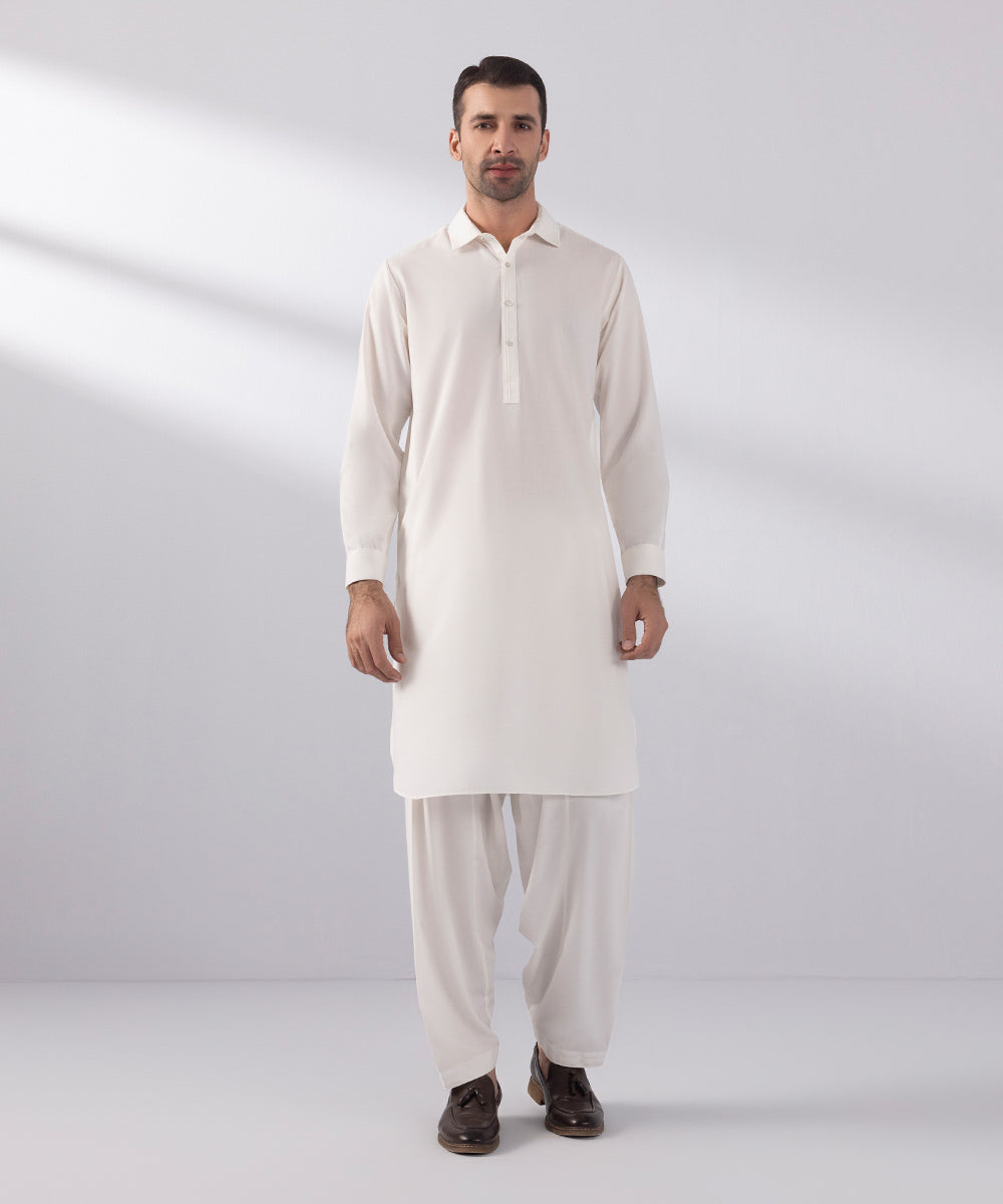 Men's Stitched Wash & Wear Off White Round Hem Kurta Shalwar