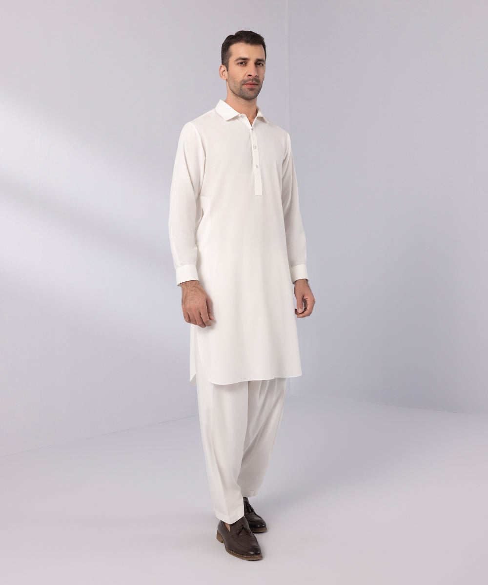 Men's Stitched Wash & Wear Off White Round Hem Kurta Shalwar