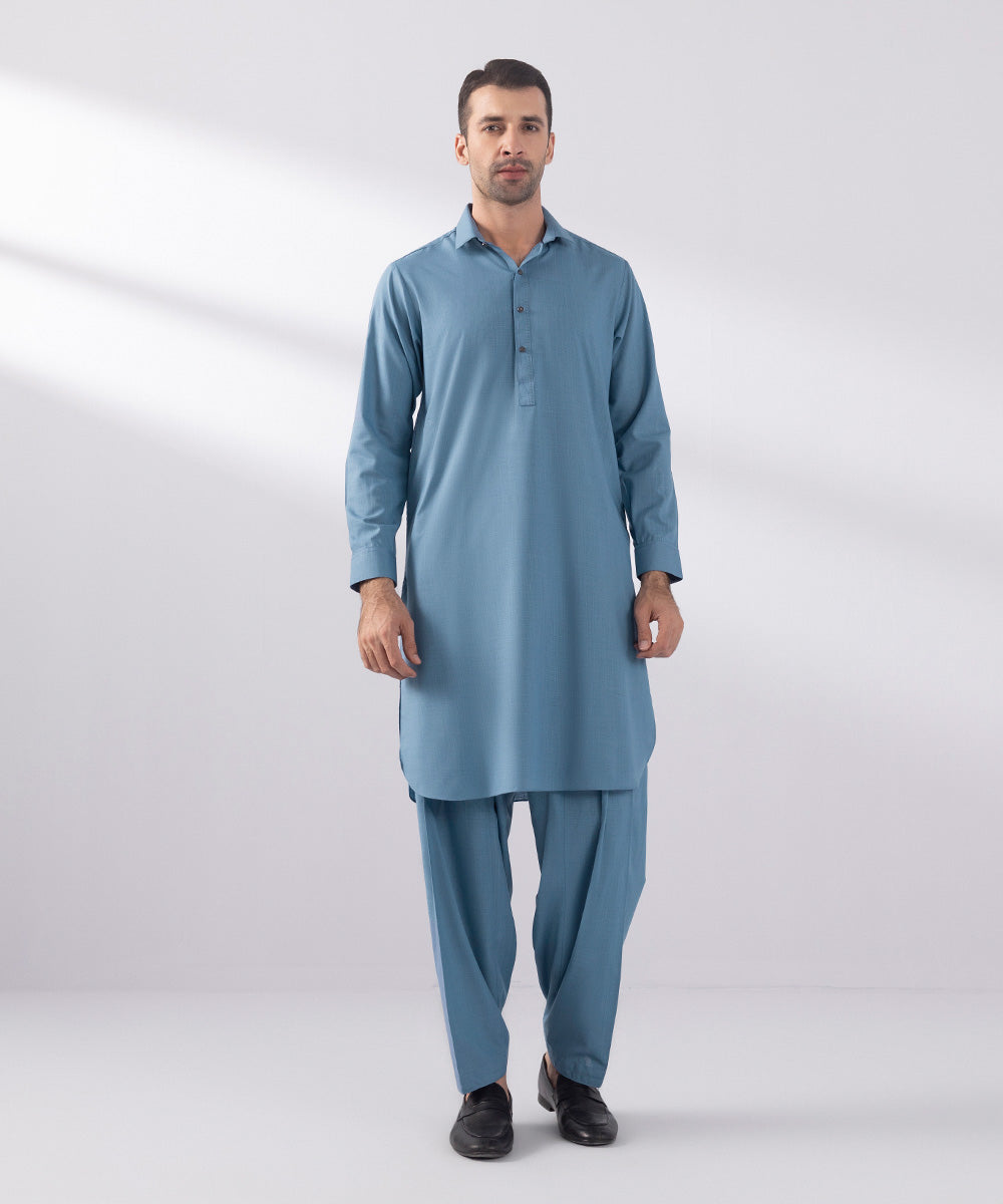 Men's Stitched Wash & Wear Stone Blue Round Hem Kurta Shalwar